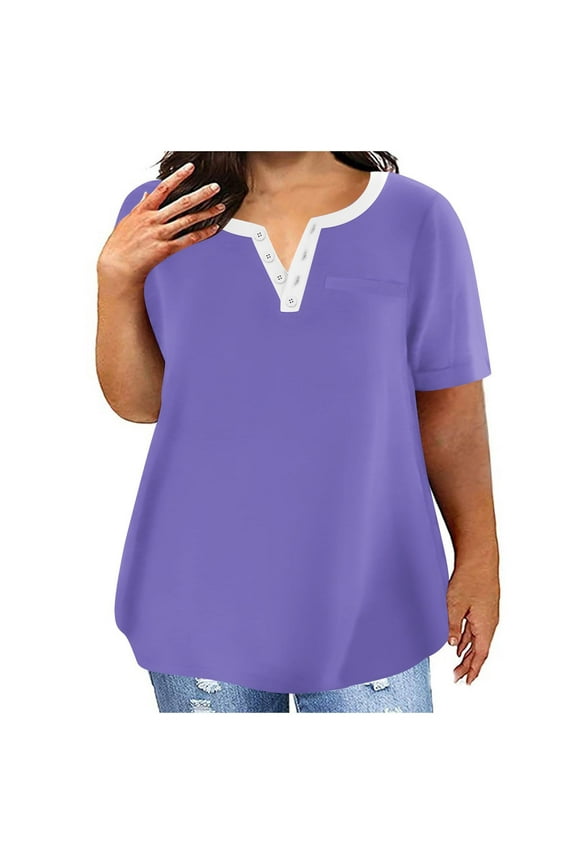 Womens Plus Size Tops Summer Blouses Tunic Short Sleeve Button V Neck Dressy Casual Loose Shirts Plain Basic Tees