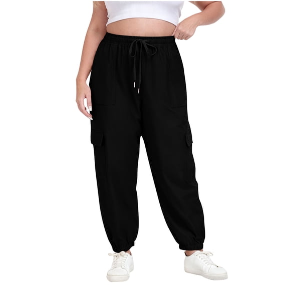 Erwazi Womens Plus Size Wide Leg Sweatpants Solid Drawstring Waist Pants with Multi Pockets