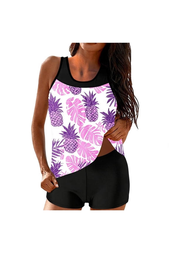 Womens Print Tankini Swimsuits Set Padded Wireless Tummy Control Drawstring 2 Piece Sustainable Bathing Suits