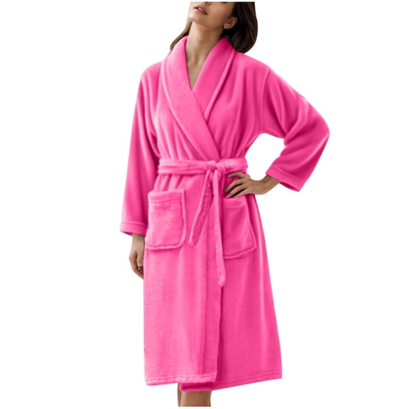 Erwazi Womens Robe Knee Long Plush Fuzzy Fluffy Soft Belt Bathrobe Collar Loungewear with Pocket