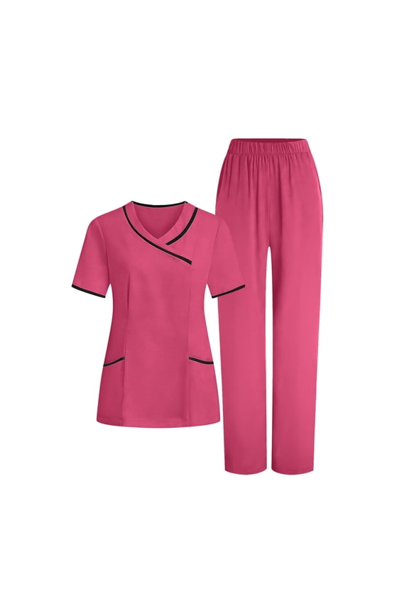 Womens Scrubs Set Crew Neck Clinic Top Elastic Pants Nurse Workwear Outfit Uniform Sets