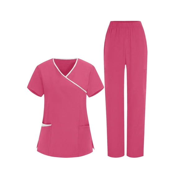 Erwazi Womens Scrubs Set V Neck Clinic Top Elastic Pants Nurse Workwear Outfit Uniform Sets