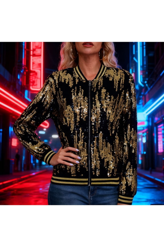 Womens Sequin Zip Up Jacket Trendy Sparkly Lightweight Jacket Party Outerwear