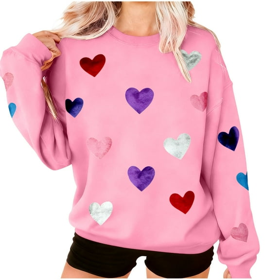 Erwazi Womens Sequined Heart Sweatshirts Crewneck Long Sleeve Cute Valentine Pullover Tops