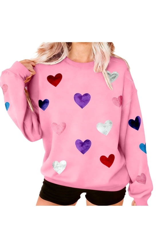 Womens Sequined Heart Sweatshirts Crewneck Long Sleeve Cute Valentine Pullover Tops