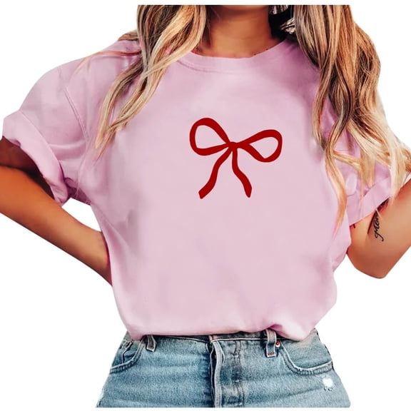 Erwazi Womens Short Sleeve Crew Neck Valentine T Shirts Bow Printed Tee Tops