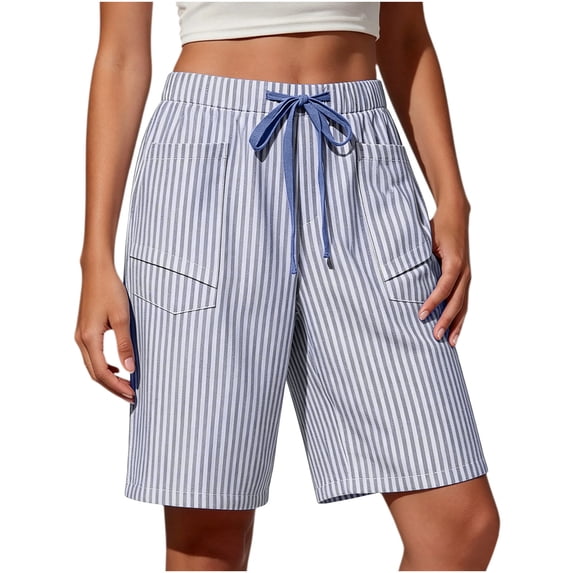 Erwazi Womens Shorts Striped Linen Drawstring Waist Straight Leg Summer Shorts with Pockets