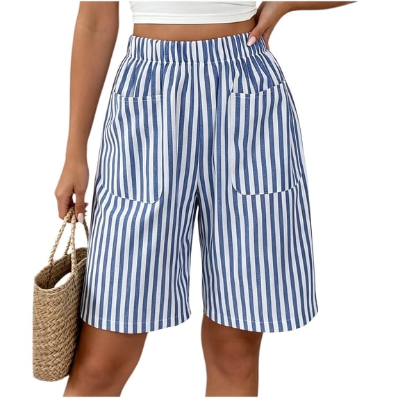 Erwazi Womens Shorts Striped Linen Elastic Waist Summer Casual Shorts with Expending Pockets