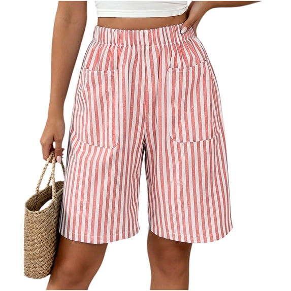 Erwazi Womens Shorts Striped Linen Elastic Waist Summer Casual Shorts with Expending Pockets