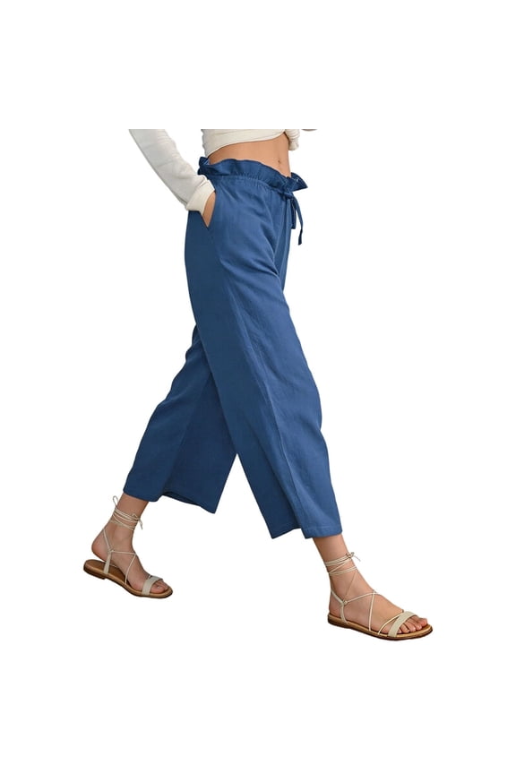 Womens Solid Color Cotton Linen Drawstring Ruffled Waist Loose Casual Wide Leg Capri Pants with Pockets