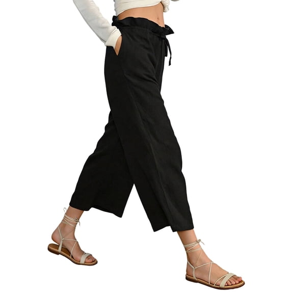 Erwazi Womens Solid Color Cotton Linen Drawstring Ruffled Waist Loose Casual Wide Leg Capri Pants with Pockets