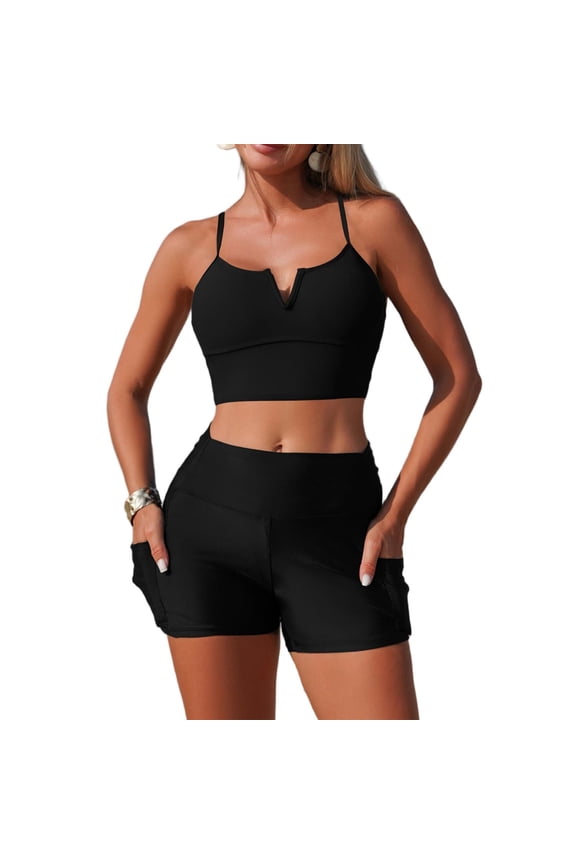 Womens Solid Color Swimsuits V Neck Cross Back Padded Beachwear 2 Piece Bikini Swimsuit Set