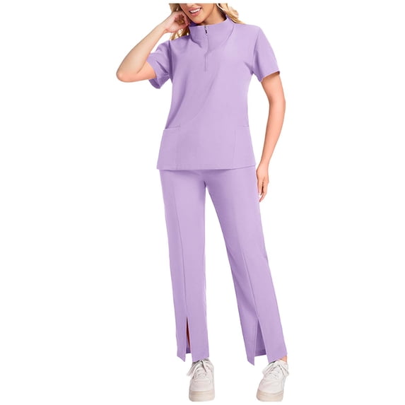 Erwazi Womens Solid Scrubs Set Zip V Neck Short Sleeve Top Drawstring Split Hem Pants Nusring Workwear Sets