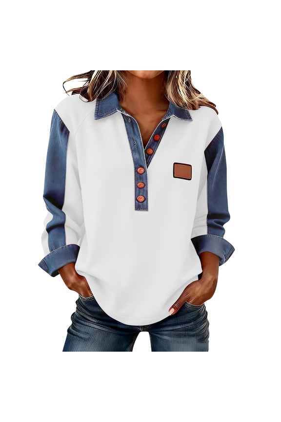 Womens Solid Sweatshirt Patchwork Denim Half Button Up V-Neck Shirt Long Sleeve Casual Pullover Blouse Top