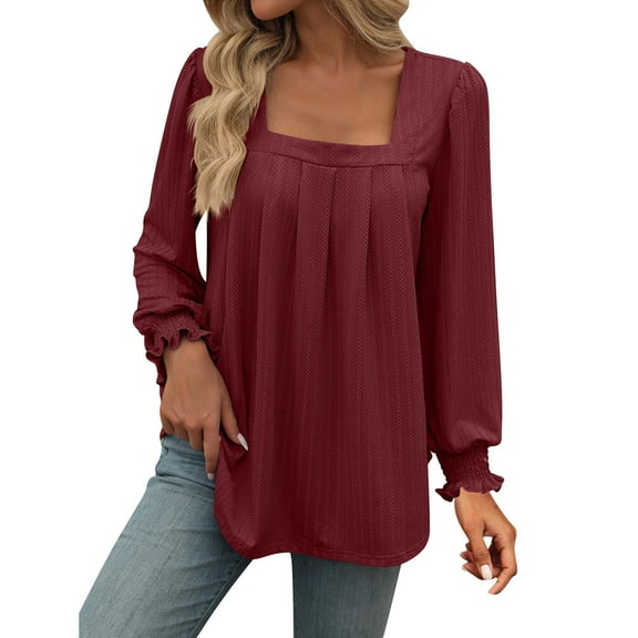 Erwazi Womens Square Neck Long Sleeve Tunic Tops Casual Pleated Puff Sleeve T Shirts Fall Loose Blouse Tee