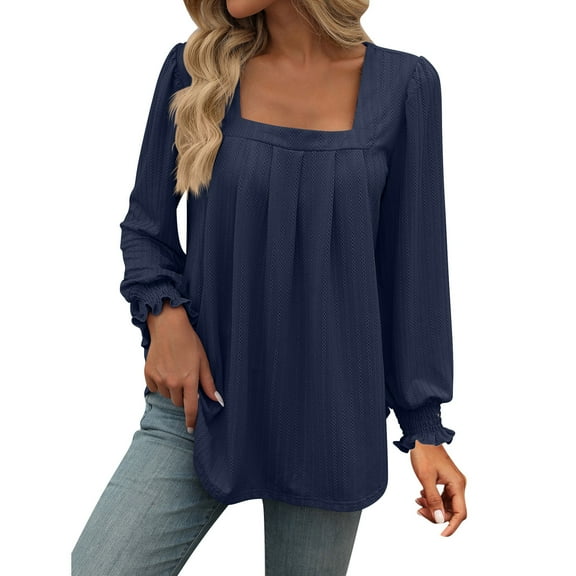 Erwazi Womens Square Neck Long Sleeve Tunic Tops Casual Pleated Puff Sleeve T Shirts Fall Loose Blouse Tee