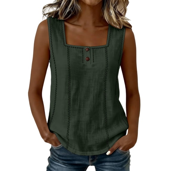 Erwazi Womens Square Neck Tank Top Button Wide Strap Sleeveless Casual Trendy Top