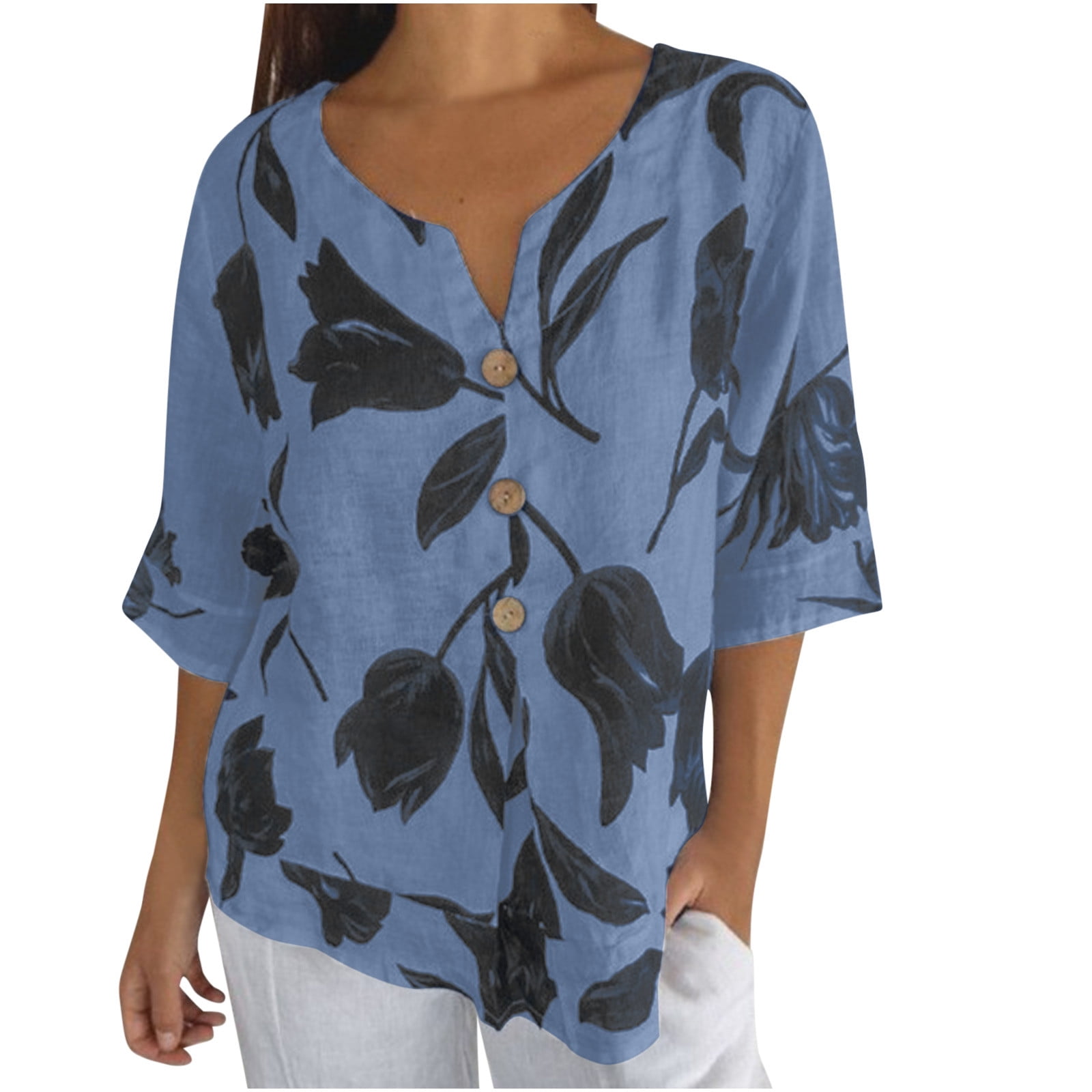 Erwazi Womens Summer Blouses Button Floral Linen Shirts Short Sleeve V ...