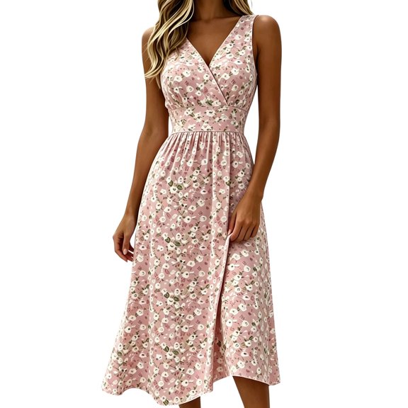 Erwazi Womens Summer Dresses Print V Neck Sleeveless Relaxed Fit Weekend Trendy Outdoor Casual Dress