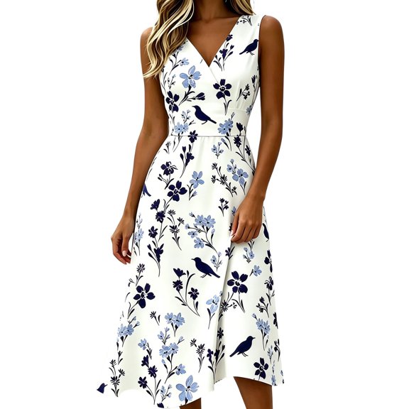 Erwazi Womens Summer Dresses Print V Neck Sleeveless Relaxed Fit Weekend Trendy Outdoor Casual Dress