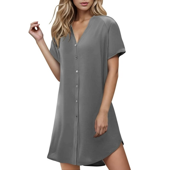 Erwazi Womens Summer Dresses Short Sleeve V-Neck Shirt Dress Button Down Pajama Dress