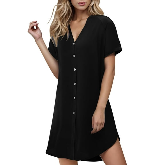 Erwazi Womens Summer Dresses Short Sleeve V-Neck Shirt Dress Button Down Pajama Dress