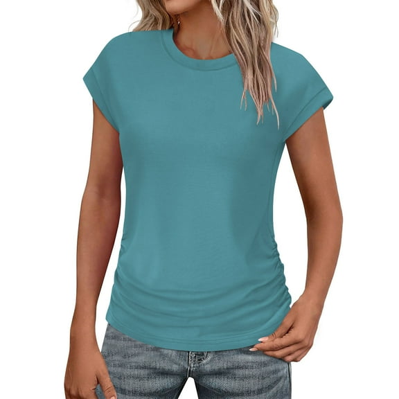 Erwazi Womens Summer Tops Trendy 2025 Ruched Cap Short Sleeve Tshirts Basic Tees Crew Neck T Shirts