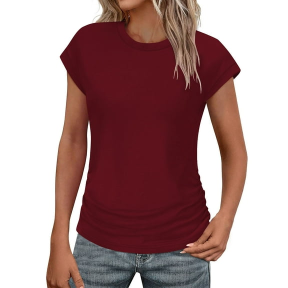 Erwazi Womens Summer Tops Trendy 2025 Ruched Cap Short Sleeve Tshirts Basic Tees Crew Neck T Shirts