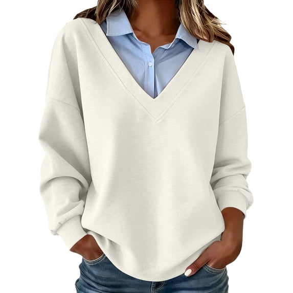 Erwazi Womens Sweatshirt Shirt Collar Fake Two Piece Color Block Long Sleeve Solid Loose Fit Pullover Daily Trendy Casual Tops
