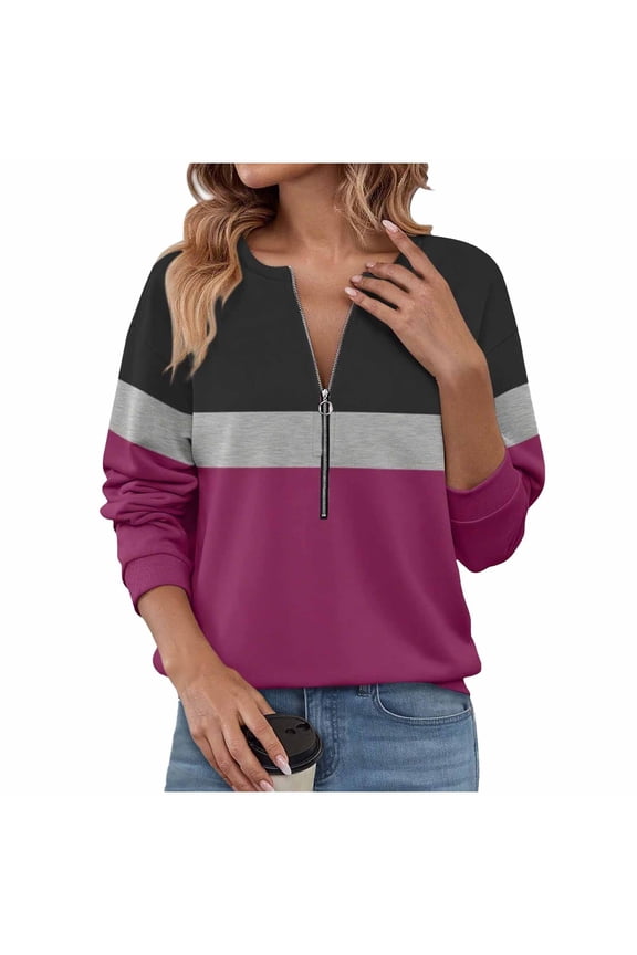 Womens Sweatshirts Half Zip Pullover Tops Color Block Quarter Zipper Hoodies Fall Winter Clothes