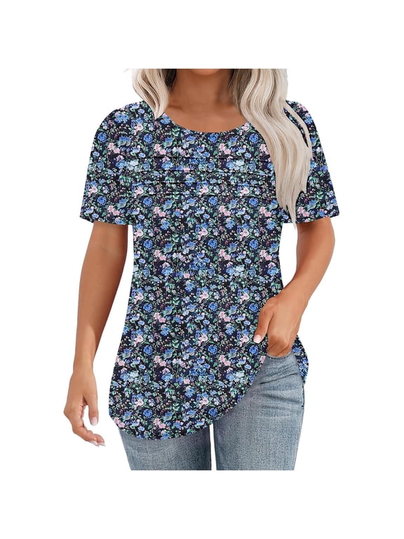Womens T Shirts Summer Short Sleeve Tops Dressy Casual Blouses Flowy Pleated Front Crew Neck Floral Printed Graphic Tee