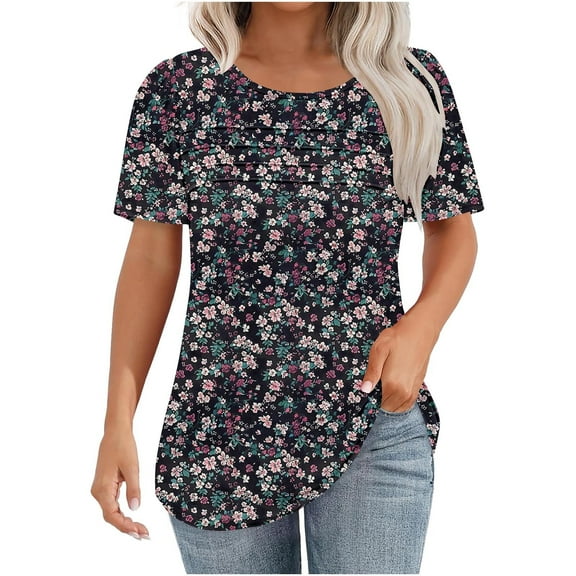 Erwazi Womens T Shirts Summer Short Sleeve Tops Dressy Casual Blouses Flowy Pleated Front Crew Neck Floral Printed Graphic Tee