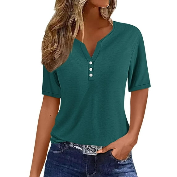 Erwazi Womens Tops Button V Neck Short Sleeve Dreesy Casual T-Shirts Trendy Summer Tops 2024
