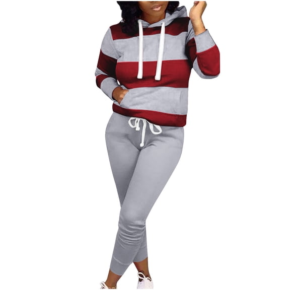 Erwazi Womens Two Piece Outfit Sets Casual Hoodie Sweatsuits Striped Top and Sweatpants Set, Gray, M
