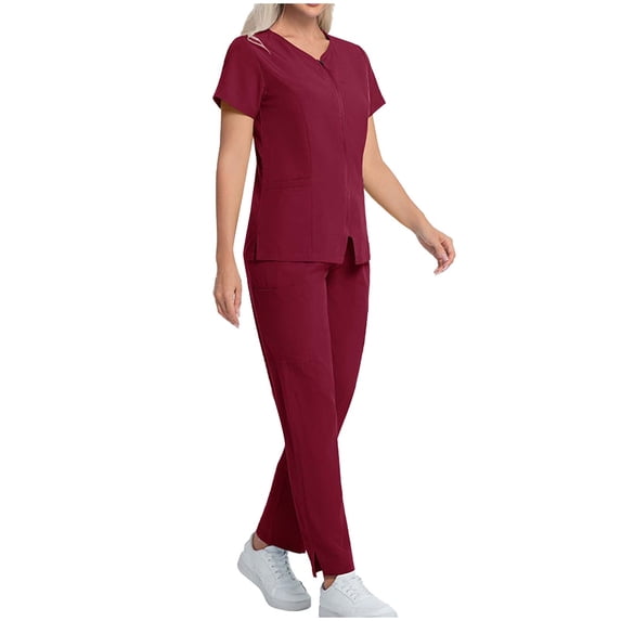 Erwazi Womens Two Piece Scrubs Set Solid V Neck Short Sleeve Zip Up Top Drawstring Pants Pockets Nusring Workwear Mathing Set