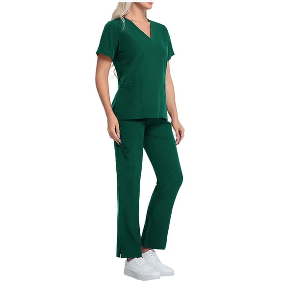Erwazi Womens Two Piece Scrubs Set Solid V Neck Short Sleeve Zip Up Top Drawstring Pants Pockets Nusring Workwear Mathing Set
