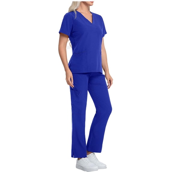 Erwazi Womens Two Piece Scrubs Set Solid V Neck Short Sleeve Zip Up Top Drawstring Pants Pockets Nusring Workwear Mathing Set