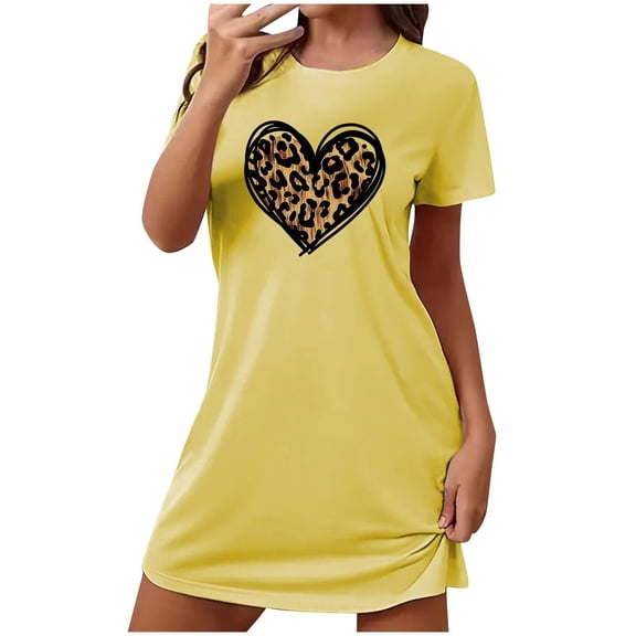 Erwazi Womens Valentines Day Heart Print Long Nightgown Crew Neck Short Sleeved Sleepwear