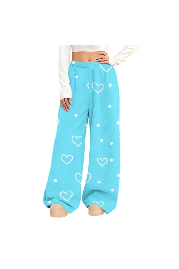 Womens Valentines Loungewear Pants Fluffy Fuzzy Casual Elastic Waist Full Length Pant