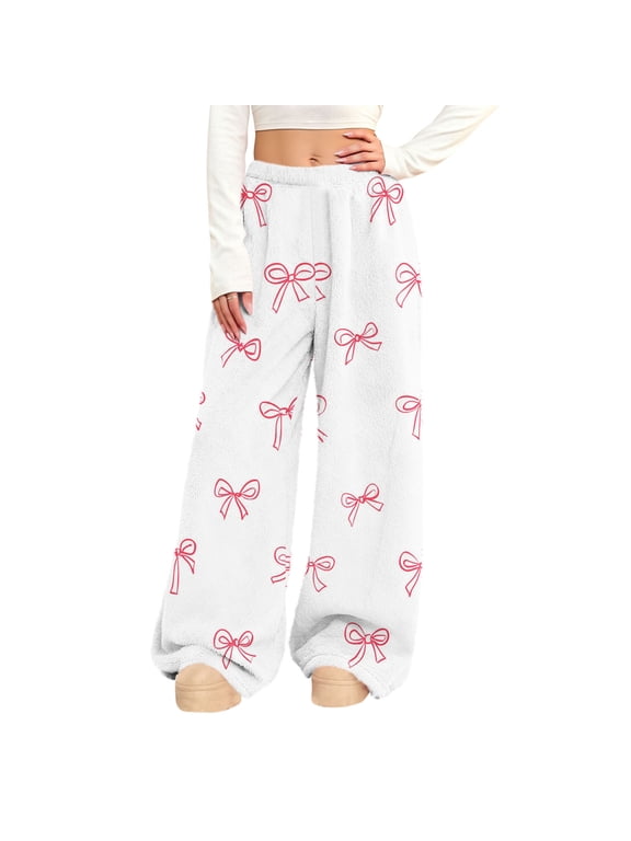 Womens Valentines Loungewear Pants Fluffy Fuzzy Casual Elastic Waist Full Length Pant