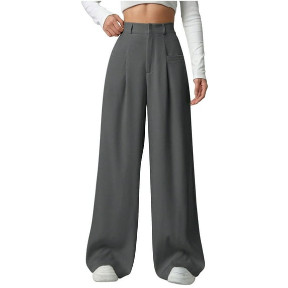 Erwazi Womens Wide Leg Dress Pants Casual Business Work Twill Pants Solid Color Loose Trousers, Gray, M