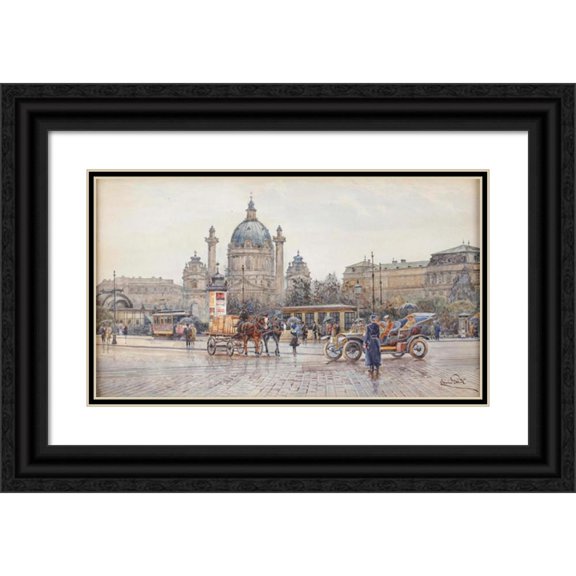 Erwin Pendl 24x15 Black Ornate Framed Double Matted Museum Art Print Titled: Karlsplatz in Vienna