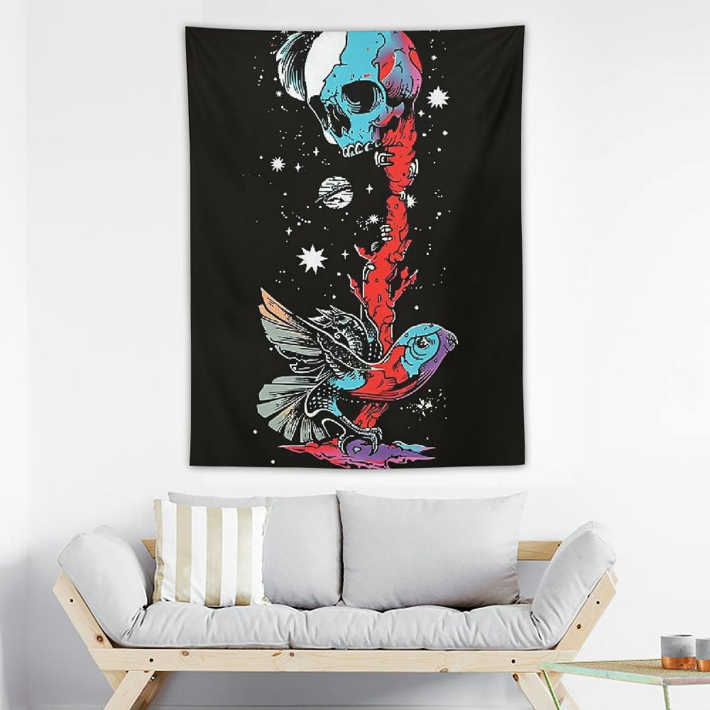 Mushroom Tapestry Wall Hanging - Blacklight Reactive Hippie Decor With Sun, Moon, Butterflies (32.5x130cm)