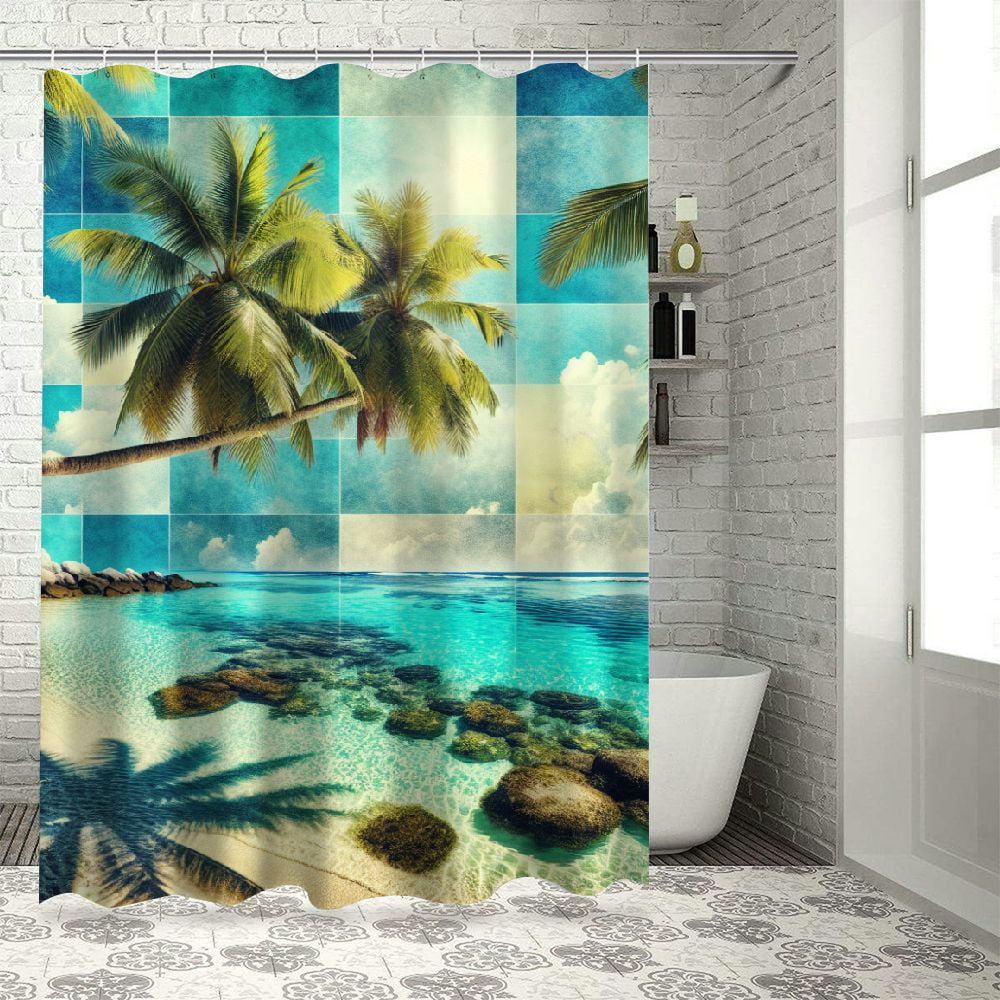 Erxjss Beach Shower Curtain, Green Palm Trees Clear Blue Water Sandy