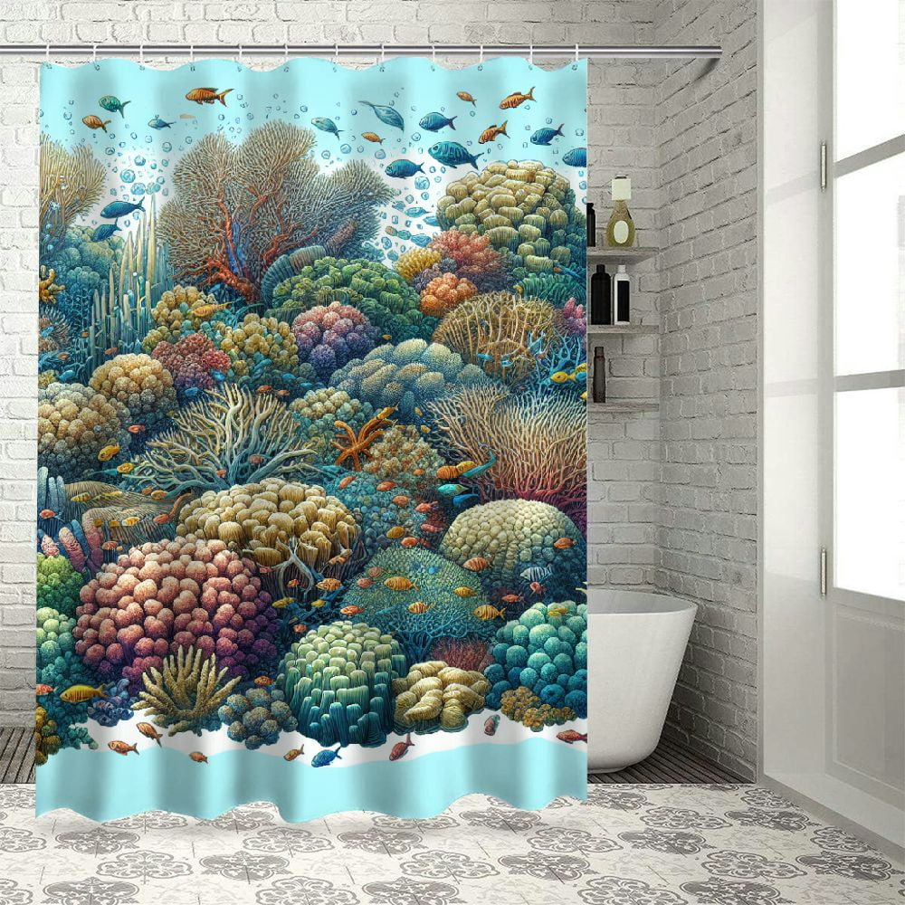 Erxjss Coastal Shower Curtain, Underwater Reef Scene with Colorful