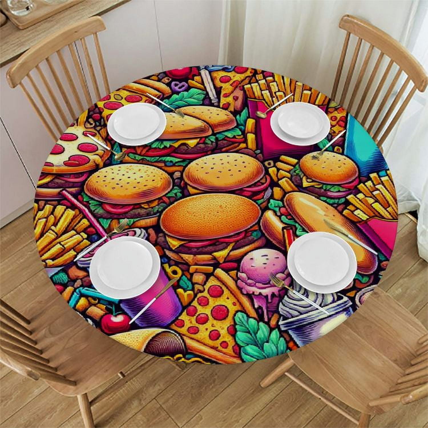 Erxjss Cute Food Print Round Tablecloth with Elastic Edge, , Suitable ...
