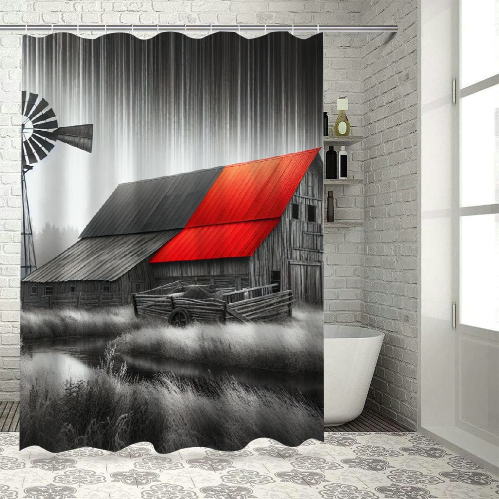 Erxjss Farmhouse Barn Shower Curtain Rustic Red Gray Barn Primitive