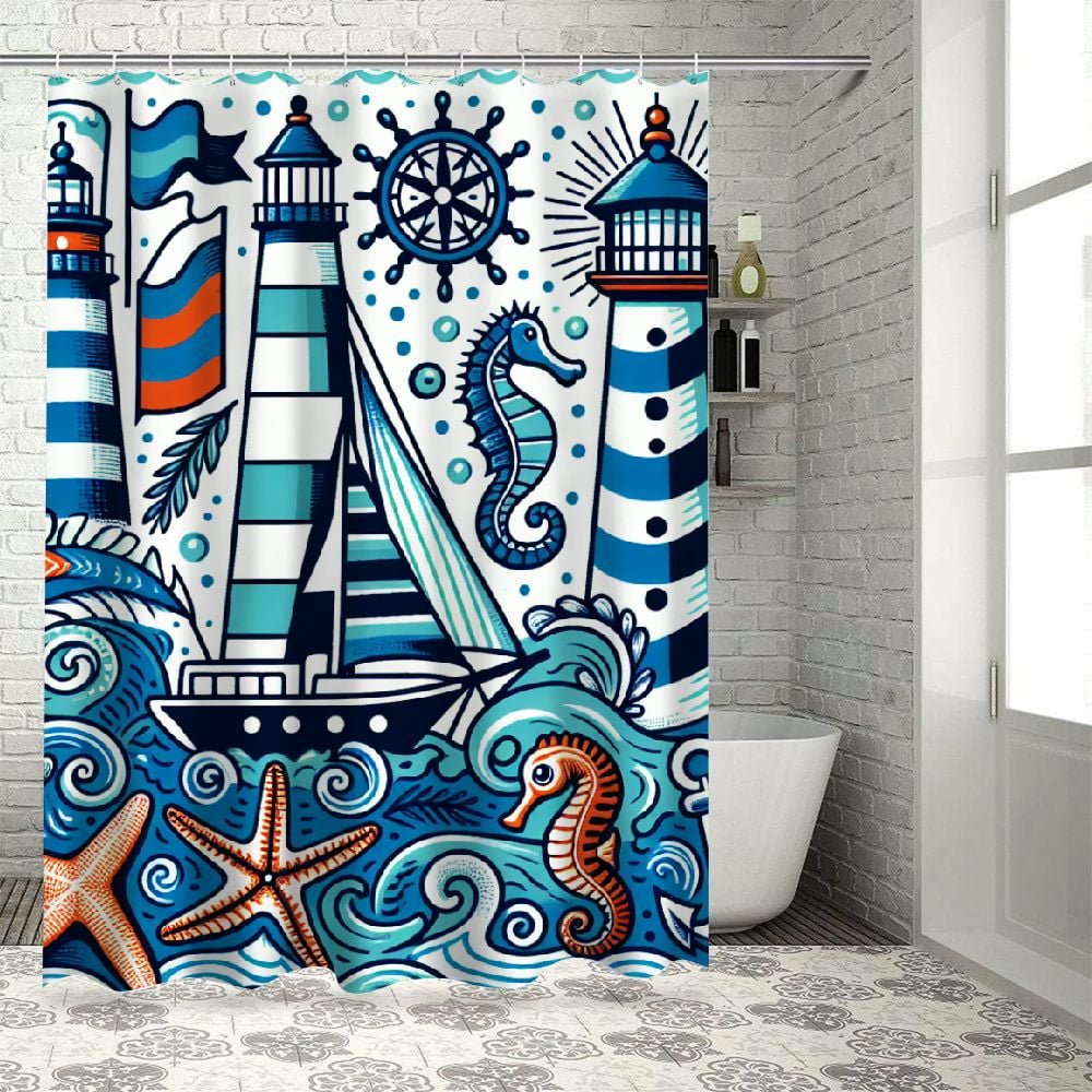 lighthouse nautical shower curtain hooks set