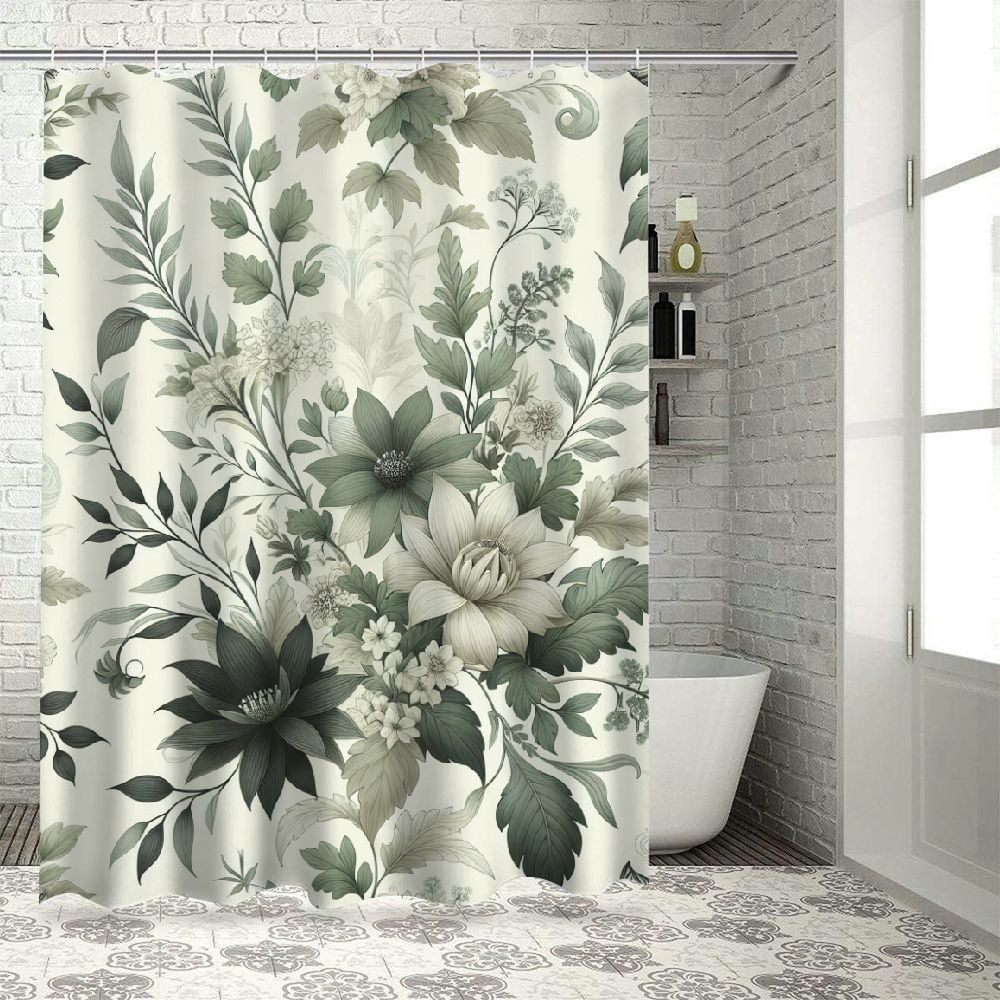Erxjss Sage Green Shower Curtain, Modern Farmhouse Leafy Composition of