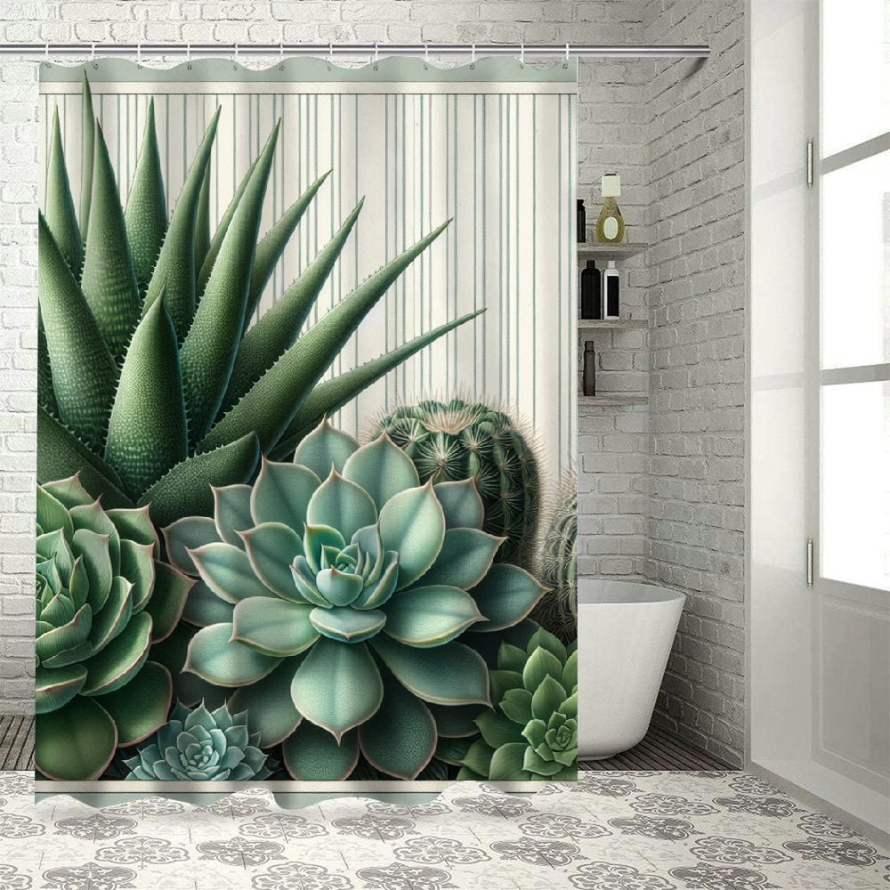 Erxjss Succulent Shower Curtain, Cactus Shower Curtain Set, Green Plant